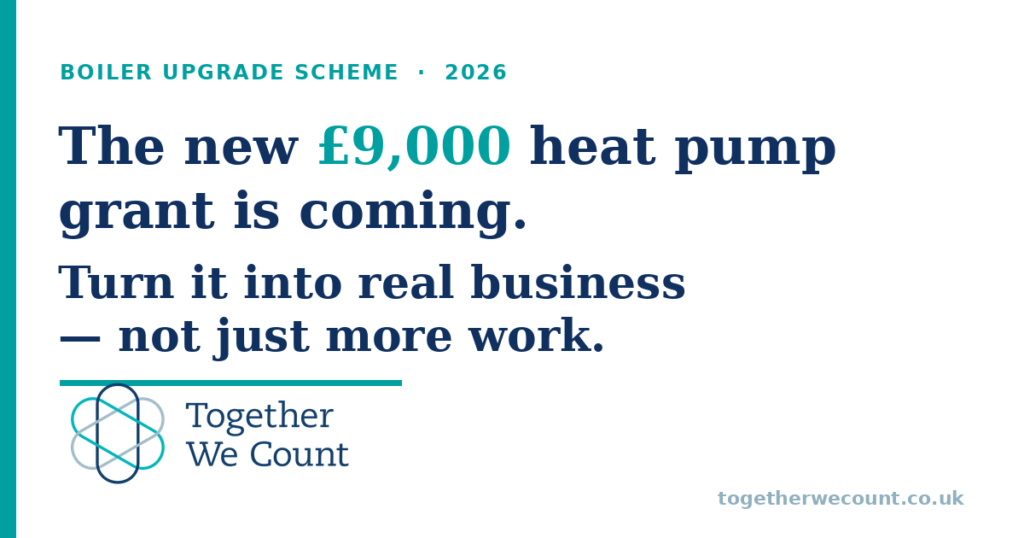 Together We Count graphic: the new £9,000 Boiler Upgrade Scheme heat pump grant for 2026