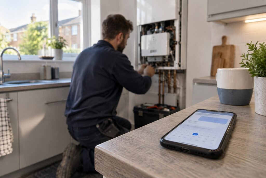 Heating engineer servicing a boiler while an AI booking assistant on his phone confirms a new job for tradesmen.